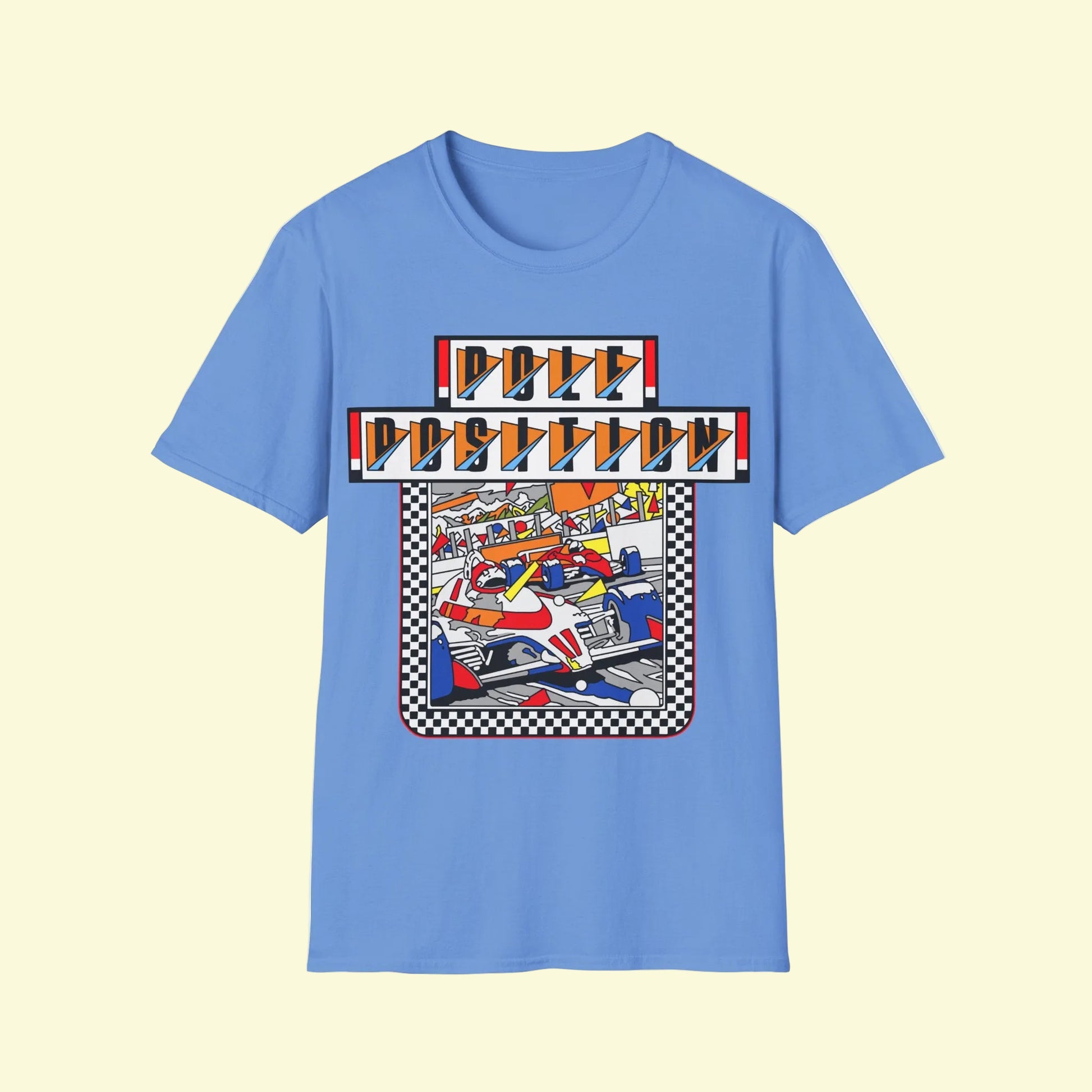 Blue t-shirt with a colourful Pole Position gaming graphic design 