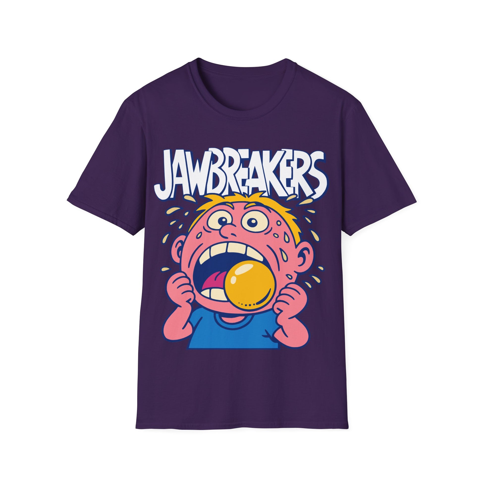 Purple t-shirt with cartoon character and 'Jawbreakers' text on a white background