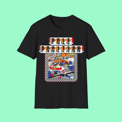 Black t-shirt with colourful Pole Position arcade gaming graphic design