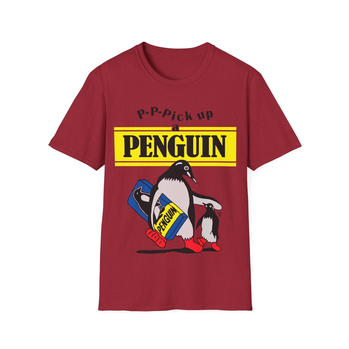Red t-shirt with penguin graphic and text on a white background