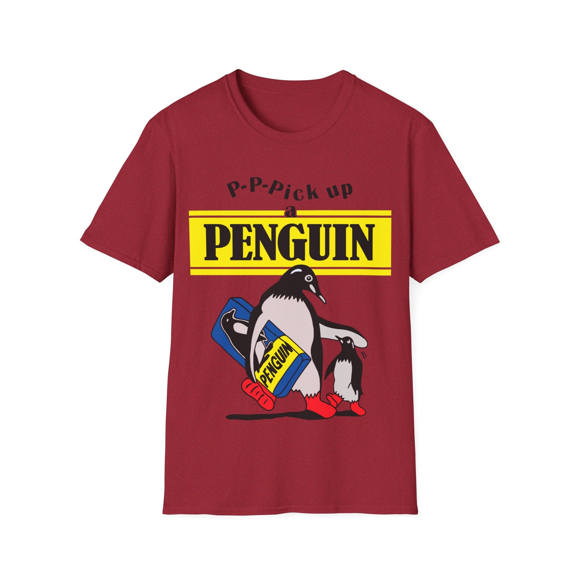 Red t-shirt with penguin graphic and text on a white background