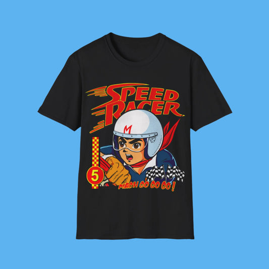 Black t-shirt with a retro anime racing-themed cartoon graphic and text Speed Racer on a white background