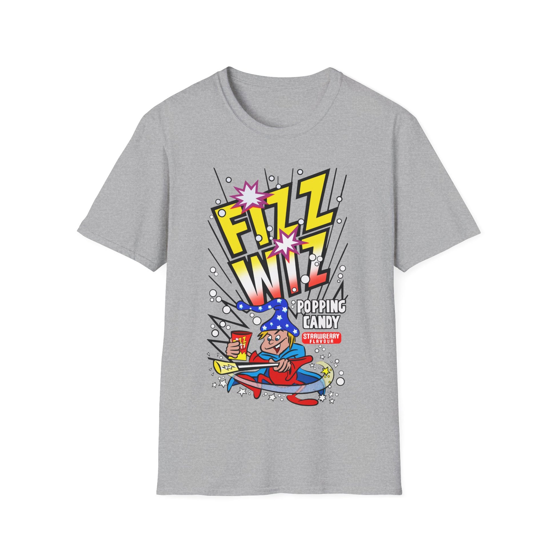 Grey t-shirt with colourful 'Fizz Wiz' candy graphic on a white background