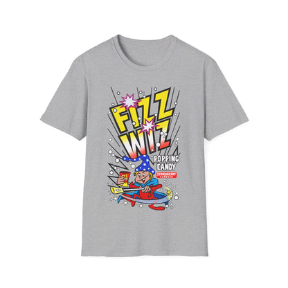 Grey t-shirt with colourful 'Fizz Wiz' candy graphic on a white background