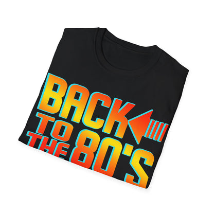 Black t-shirt with 'Back to the 80's' text in colorful letters on a white background