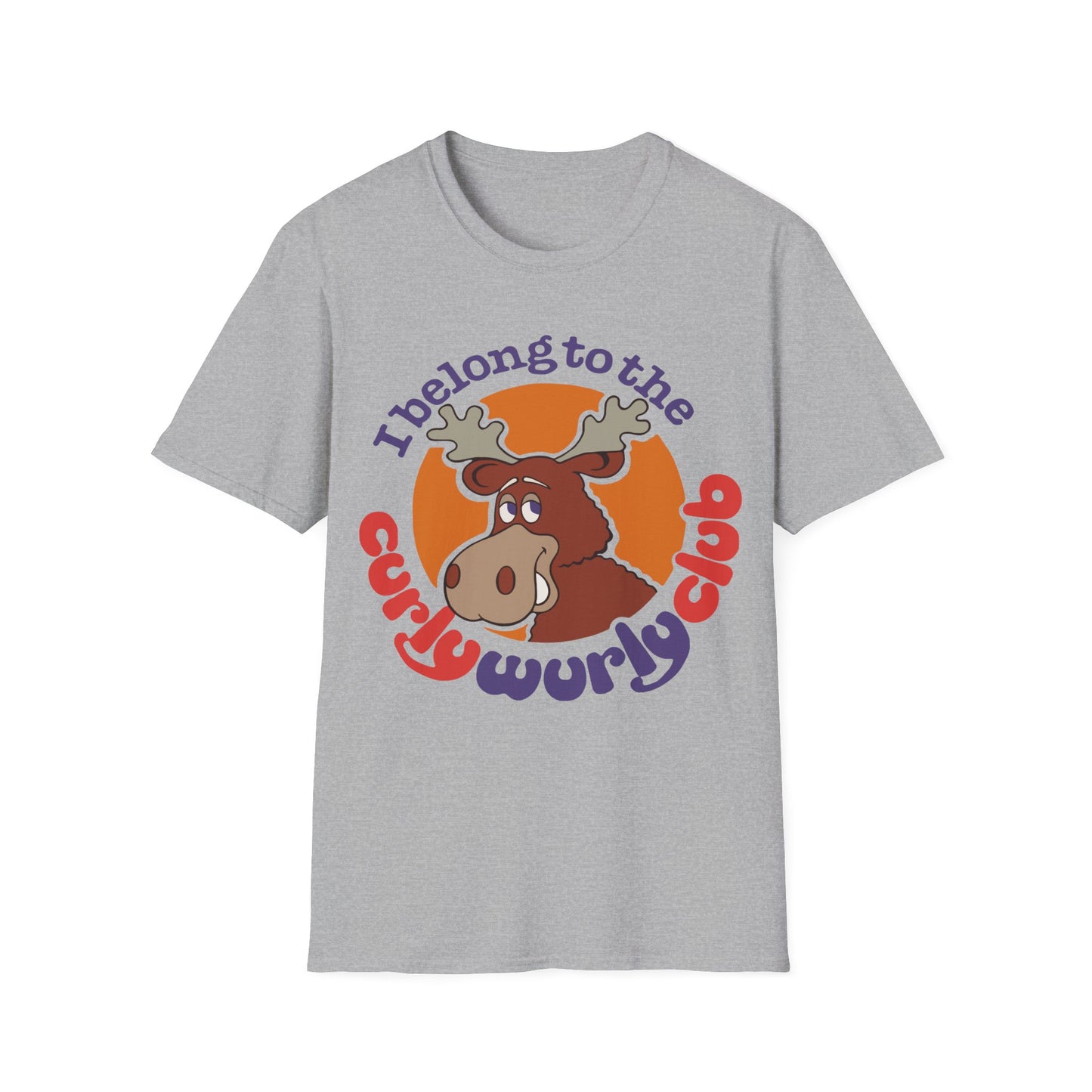 Grey t-shirt with a graphic design of a moose and Curly Wurly Club text on a white background