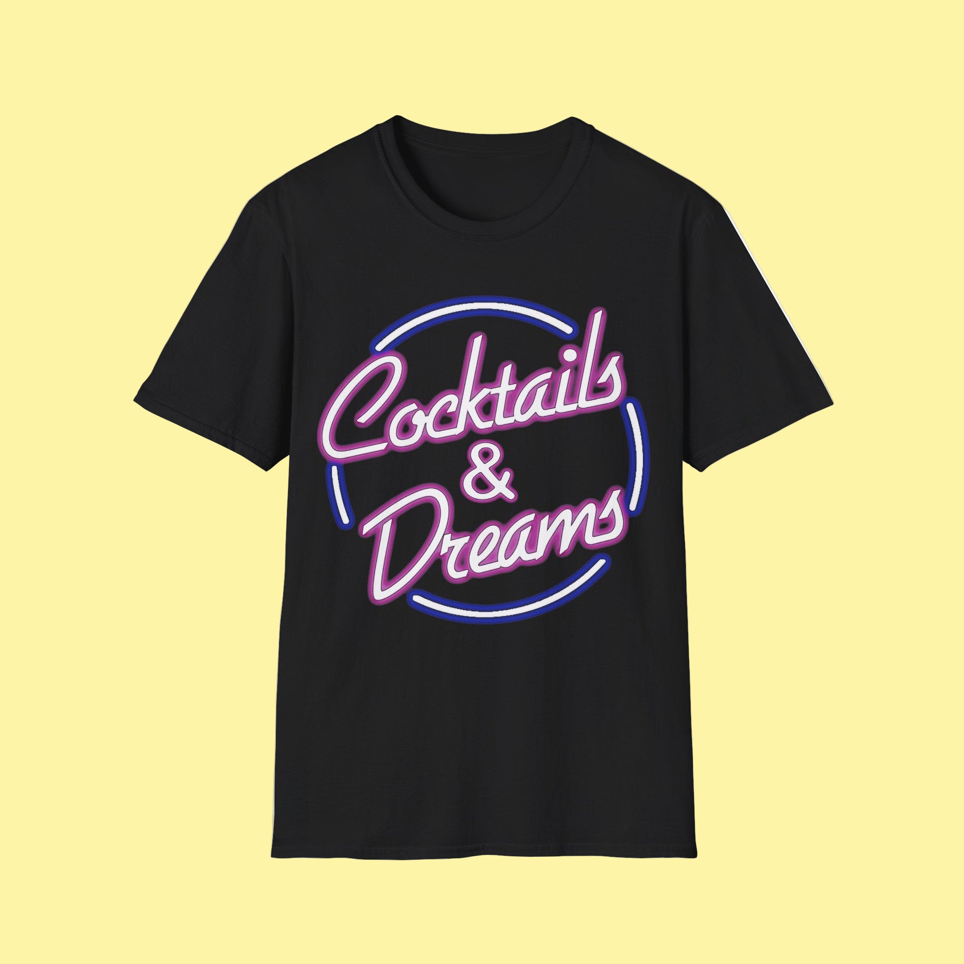 Black t-shirt with 'Cocktails & Dreams' text design 