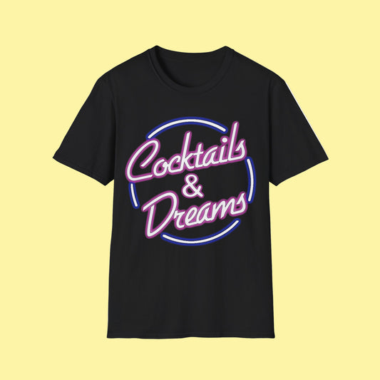 Black t-shirt with 'Cocktails & Dreams' text design 