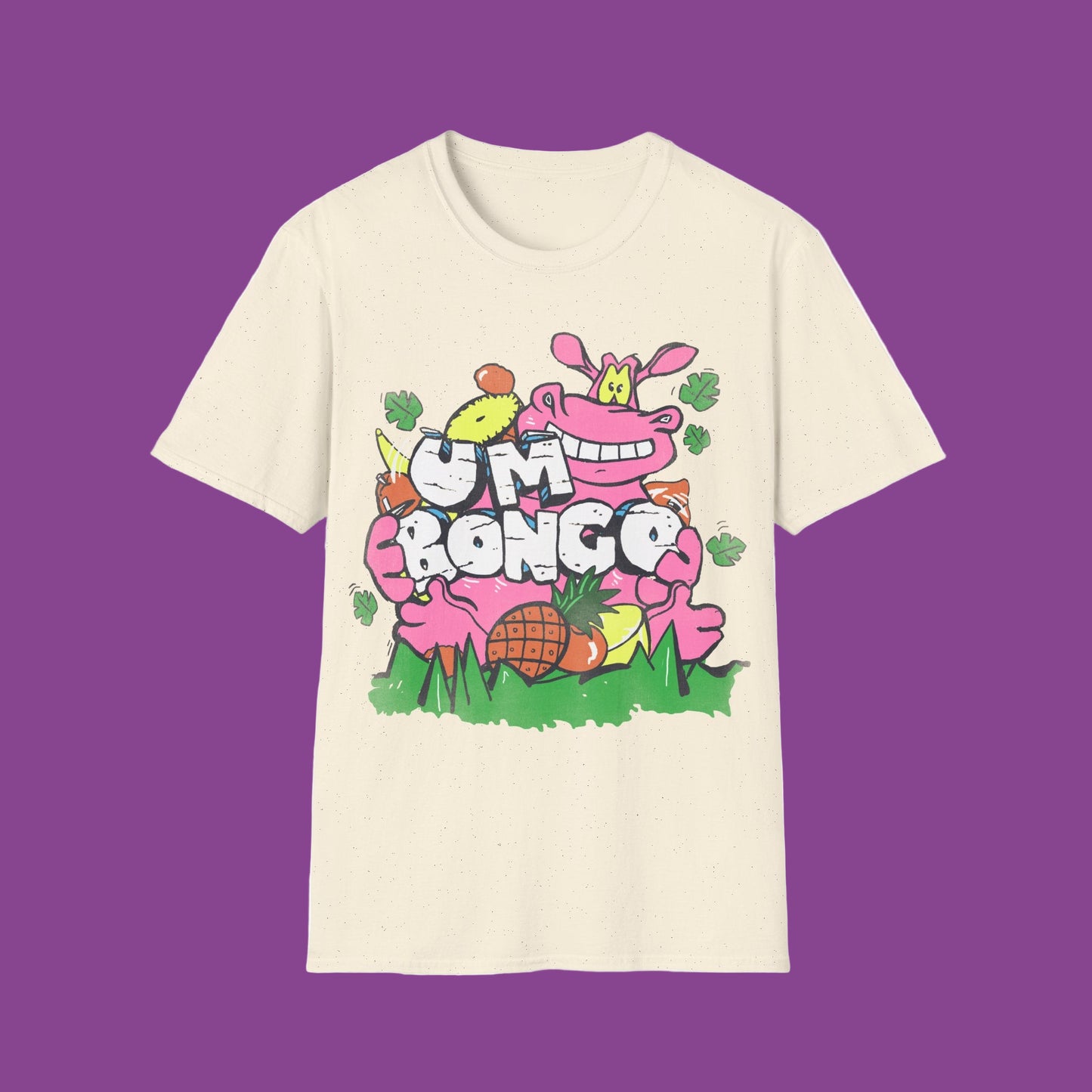 natural short sleeve official Um Bongo hippo T-shirt colourful 80s tropical juice drink with cartoon hippo and Um bongo logo