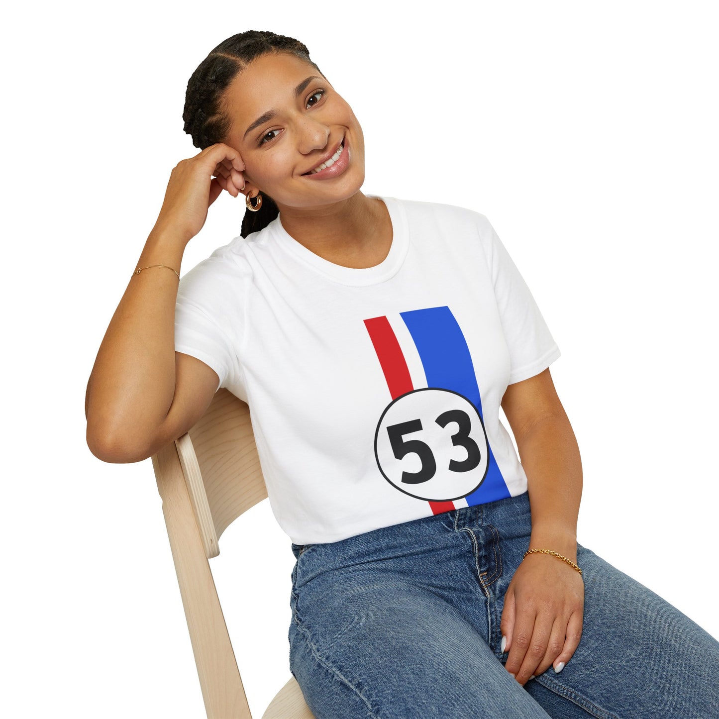 Woman wearing a white t-shirt with a number 53 design, sitting on a chair against a white background
