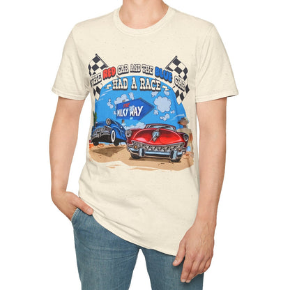 Person wearing a t-shirt with a graphic design of a race car and text on a white background