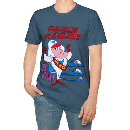 Person wearing a blue t-shirt with a cartoon character and text on a white background