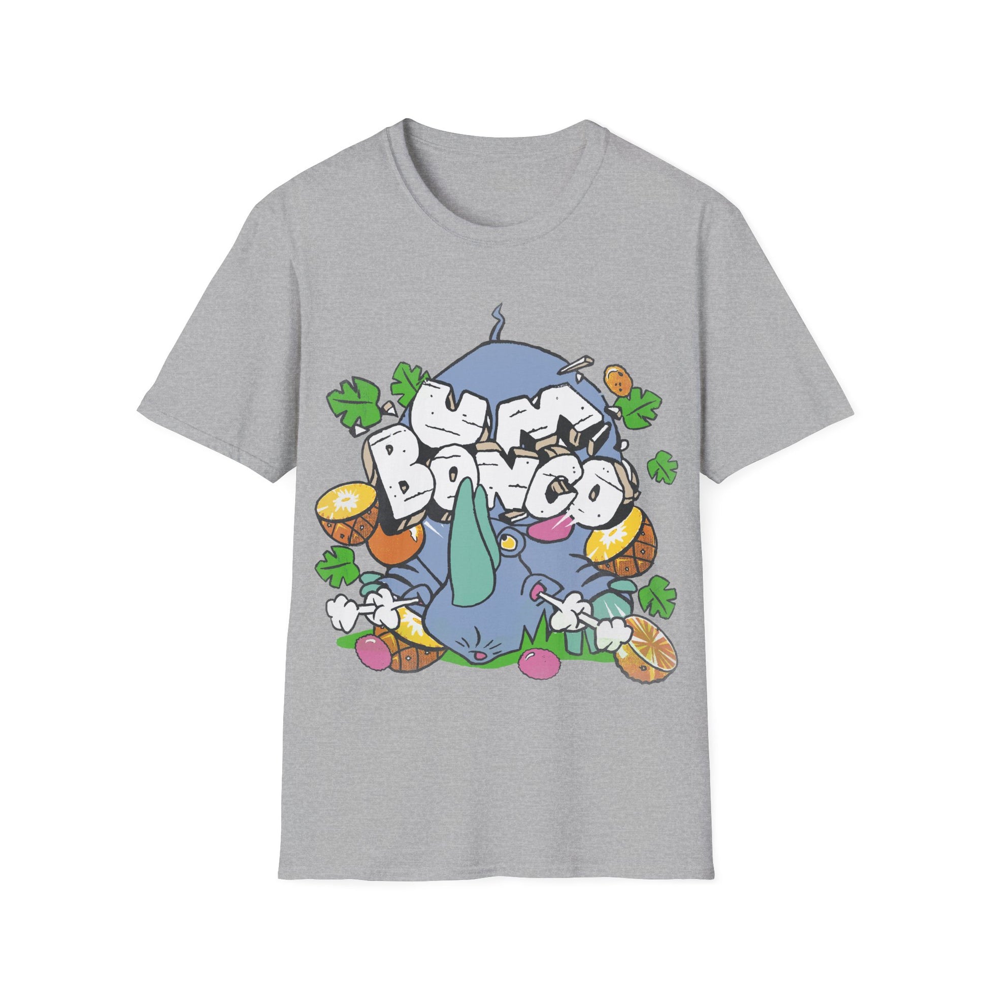 sports grey short sleeve official Um Bongo Rhino T-shirt 80s tropical juice drink with cartoon rhino and Um bongo logo