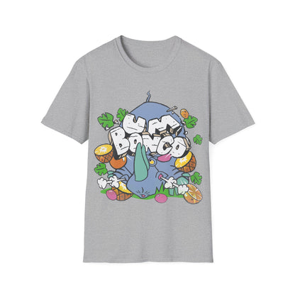 sports grey short sleeve official Um Bongo Rhino T-shirt 80s tropical juice drink with cartoon rhino and Um bongo logo