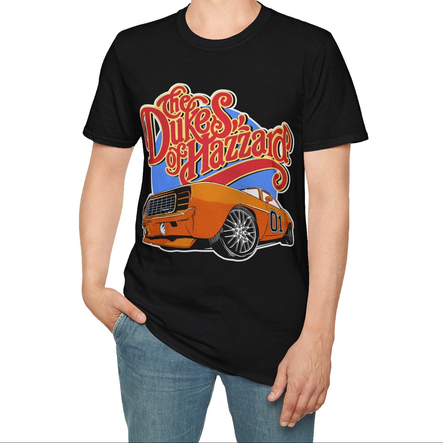 Person wearing a black t-shirt with a graphic design of a car and text on a white background
