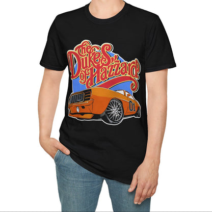 Person wearing a black t-shirt with a graphic design of a car and text on a white background