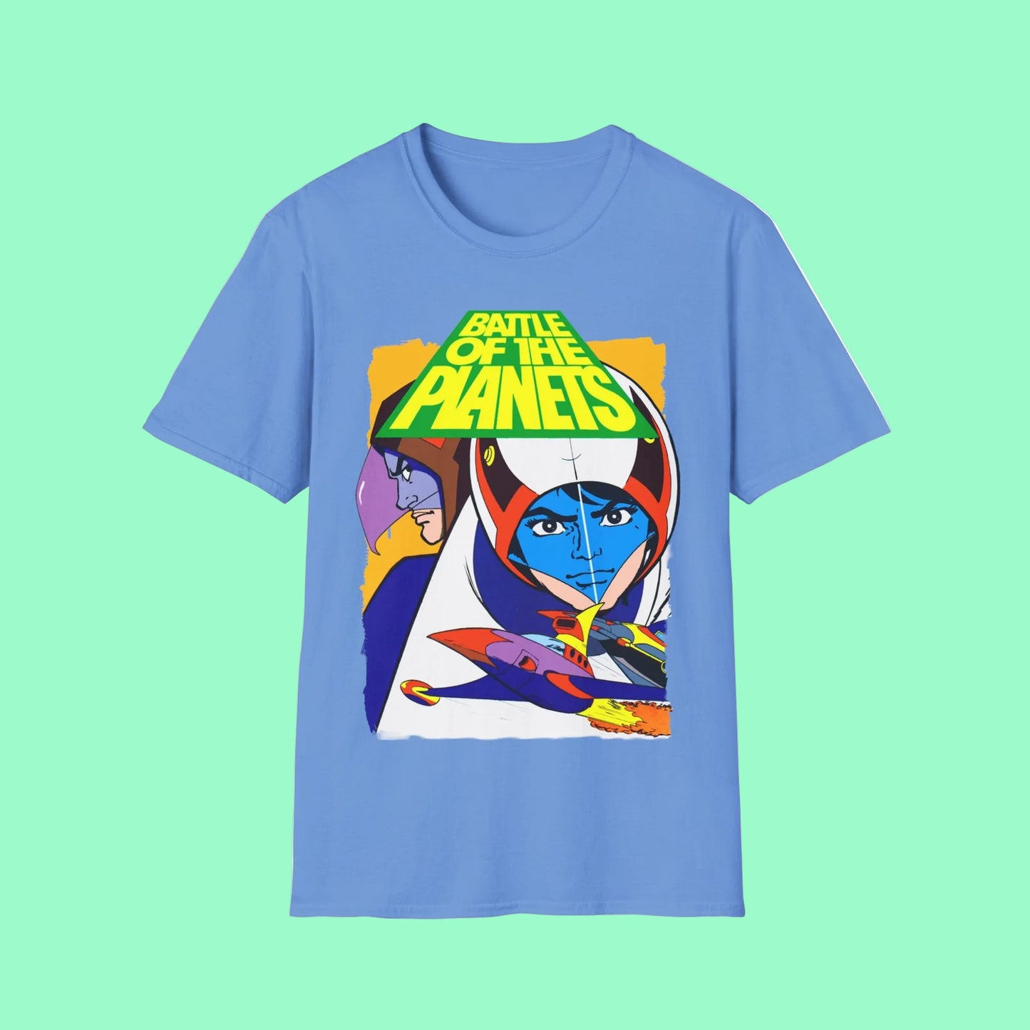 Blue t-shirt with 'Battle of the Planets' graphic design