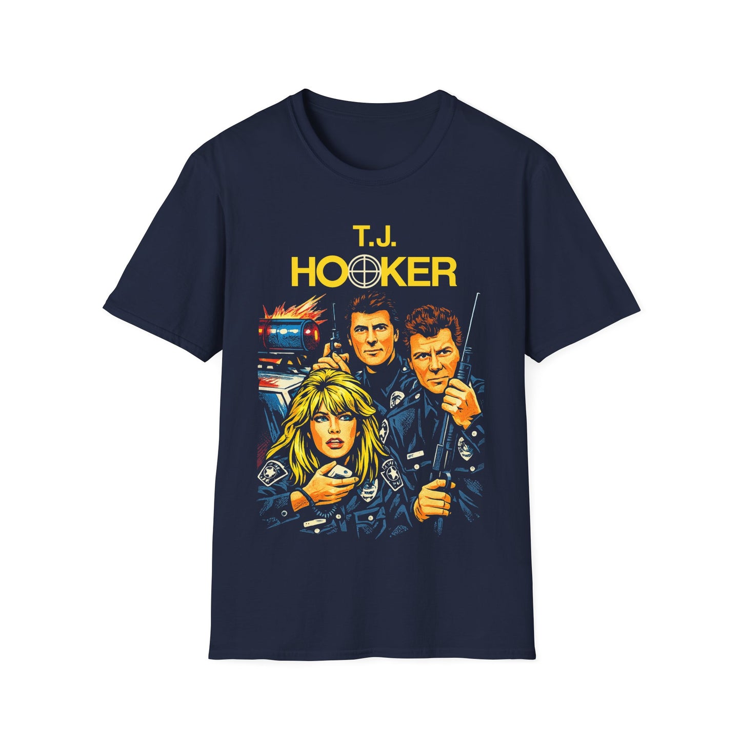 short sleeve t-shirt with 'T.J. Hooker' graphic design featuring 80s TV show characters.