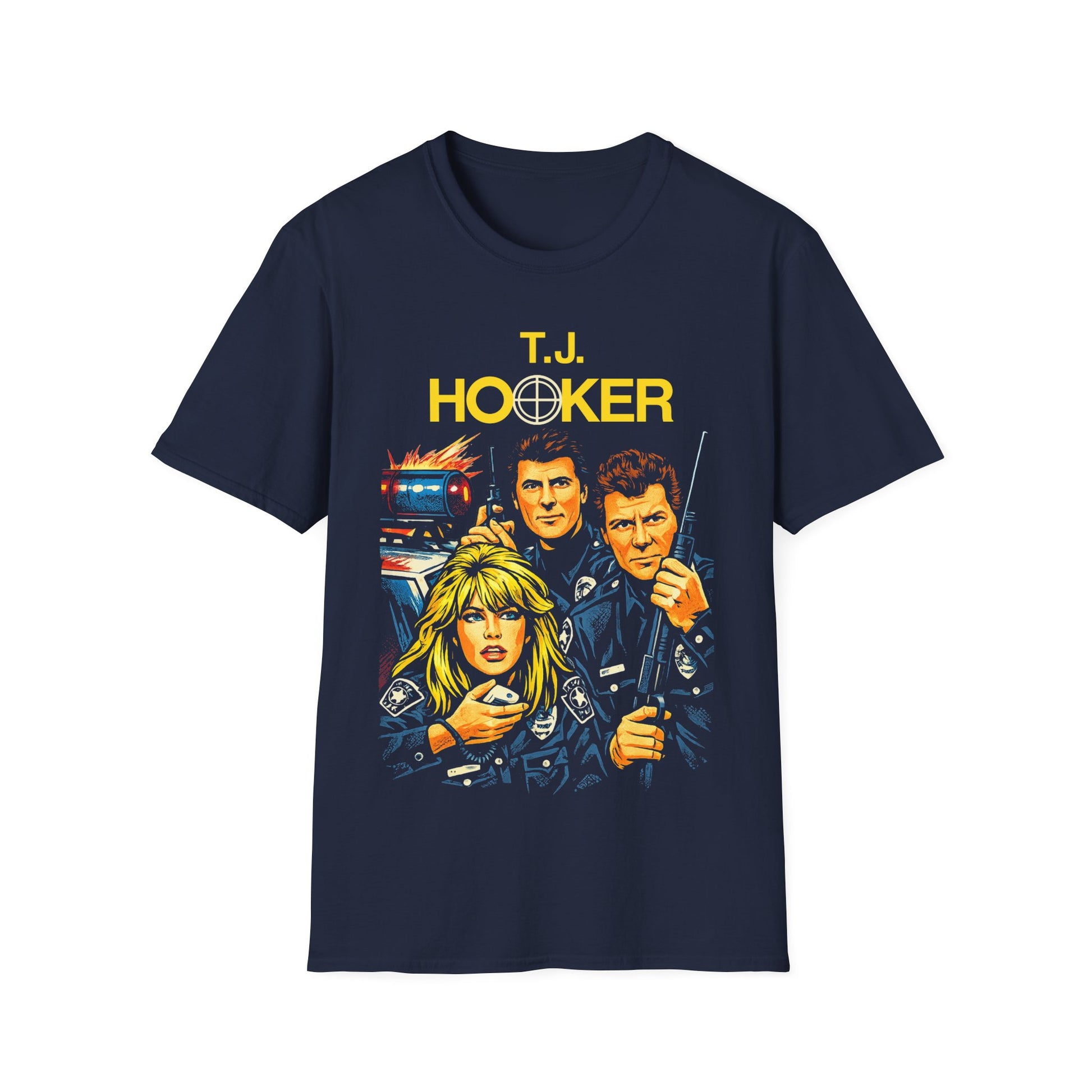 short sleeve t-shirt with 'T.J. Hooker' graphic design featuring 80s TV show characters.