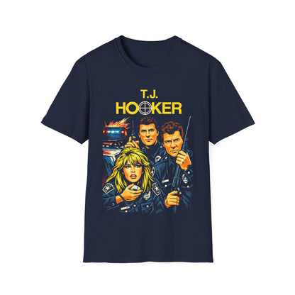 short sleeve t-shirt with 'T.J. Hooker' graphic design featuring 80s TV show characters.
