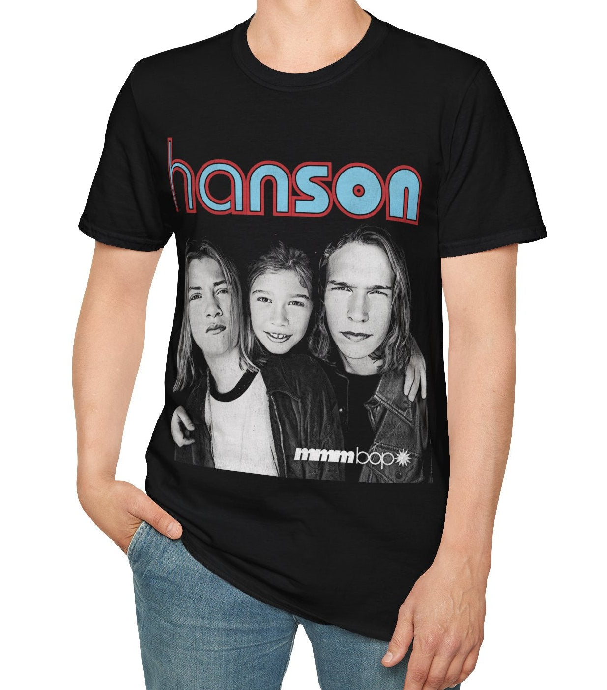 Person wearing a black t-shirt with 'hanson' band graphic on a white background