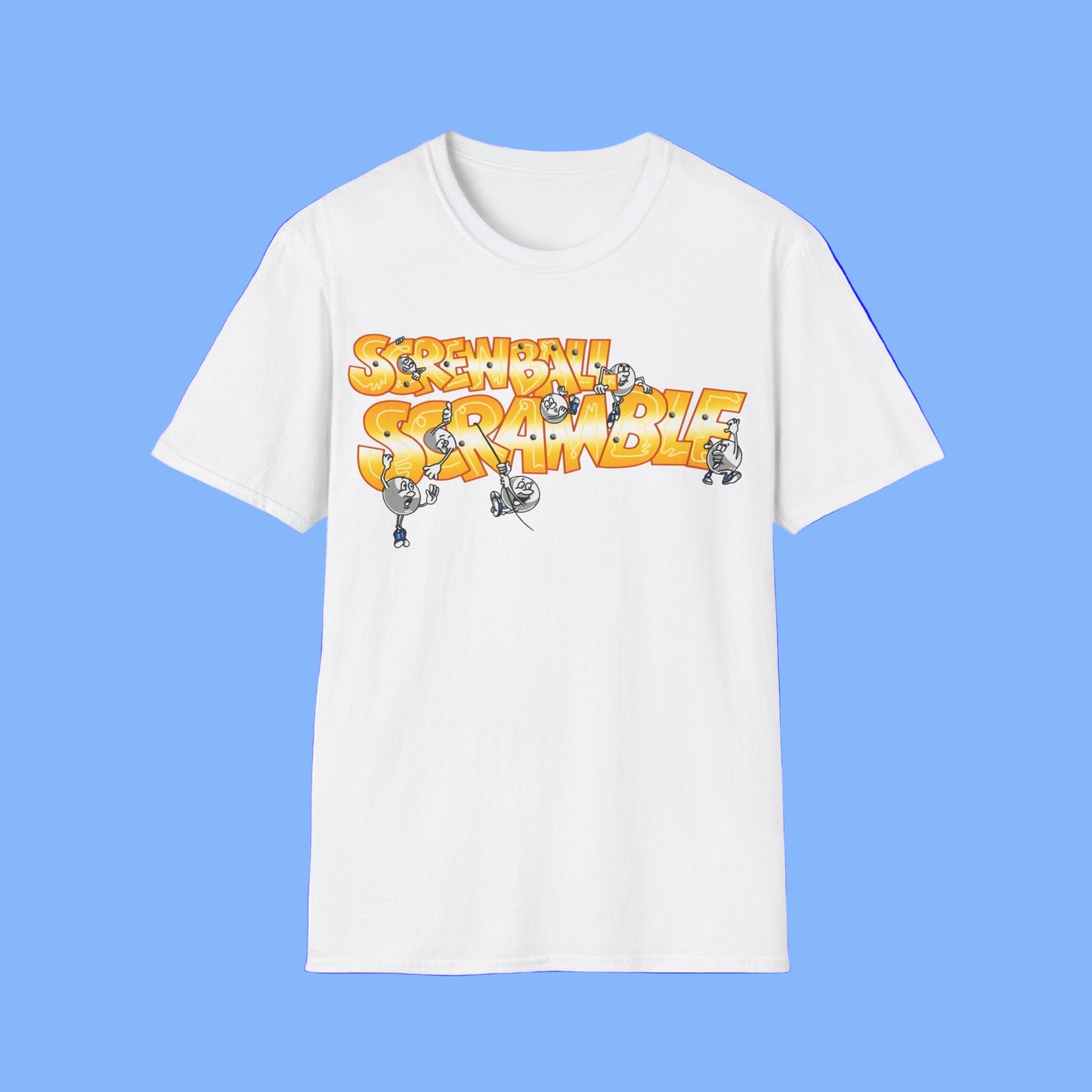 White t-shirt with 'Screwball Scramble' graphic design on a white background
