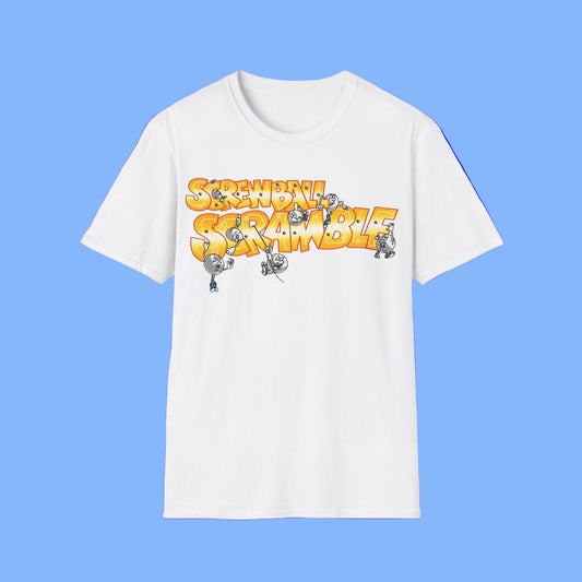 White t-shirt with 'Screwball Scramble' graphic design on a white background
