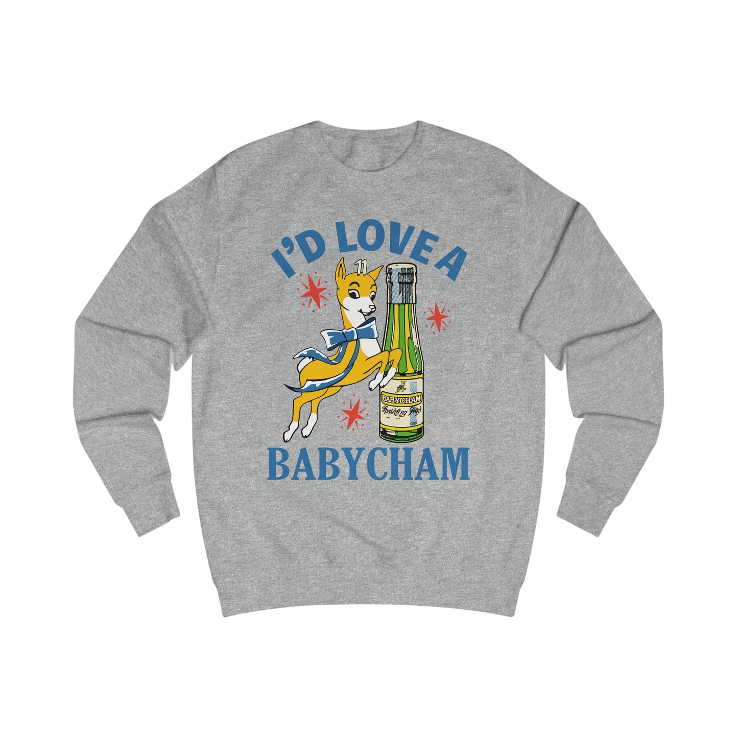 Gray sweatshirt with a graphic of a deer holding a bottle and text 'I'd Love a Babycham' on a white background
