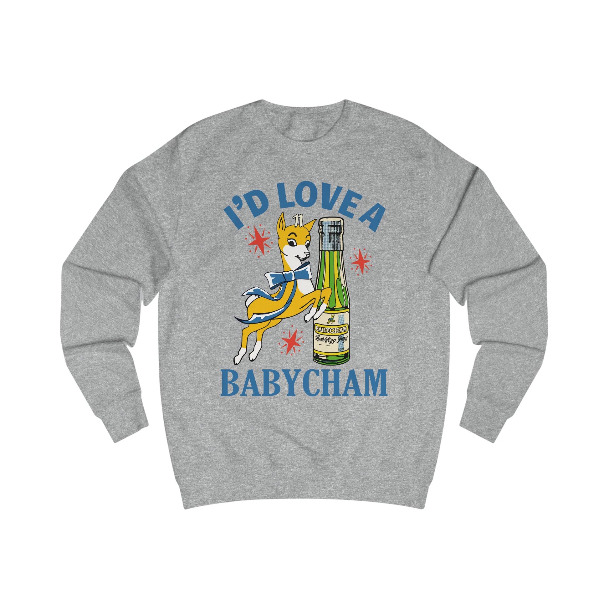 Gray sweatshirt with a graphic of a deer holding a bottle and text 'I'd Love a Babycham' on a white background