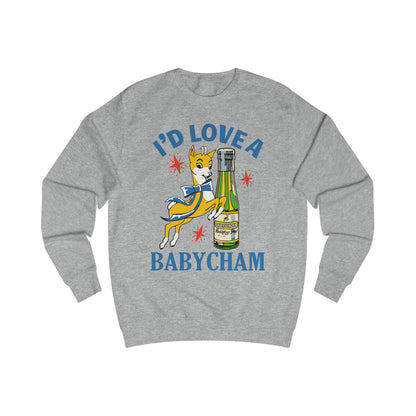 Gray sweatshirt with a graphic of a deer holding a bottle and text 'I'd Love a Babycham' on a white background