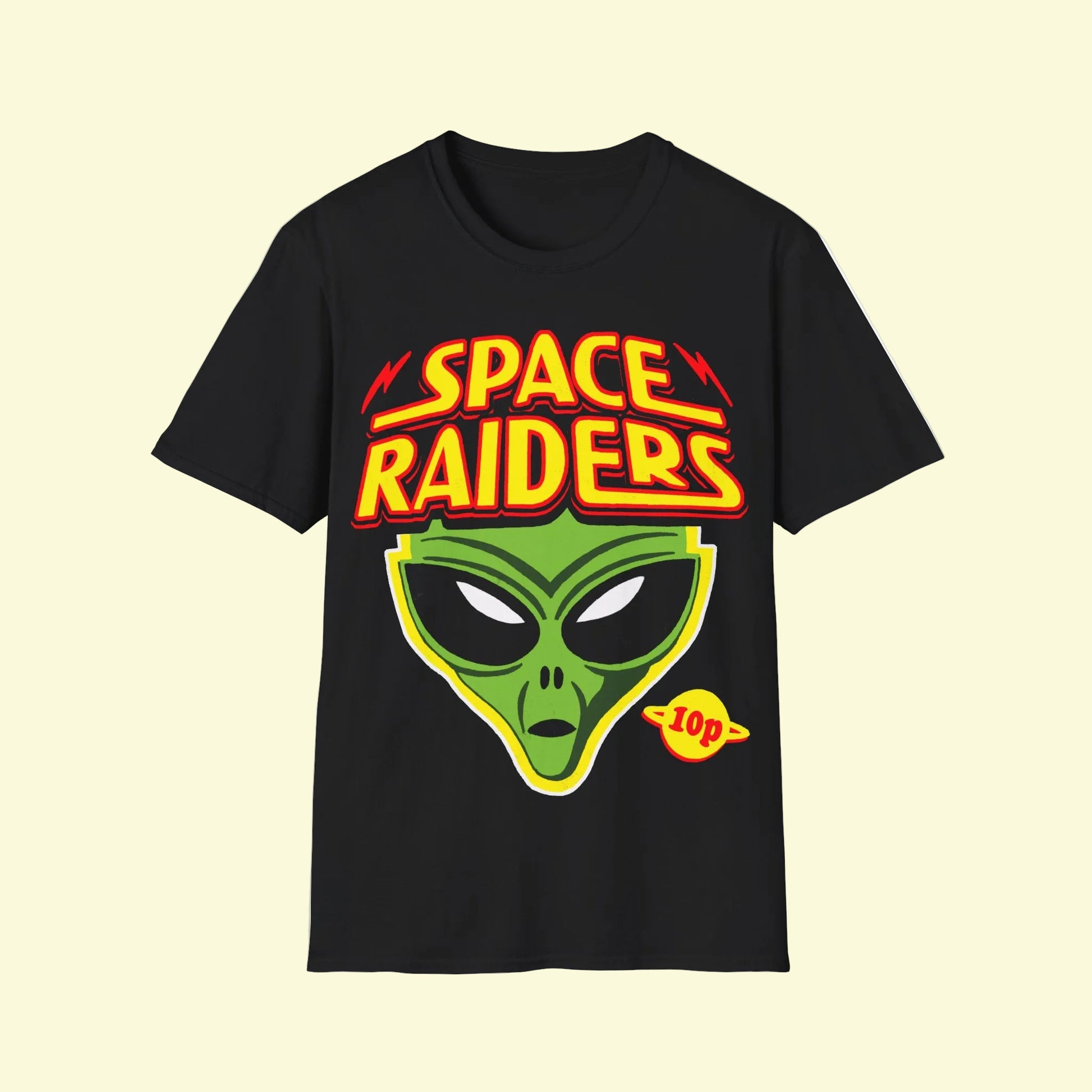 Black t-shirt with 'Space Raiders' green alien graphic 