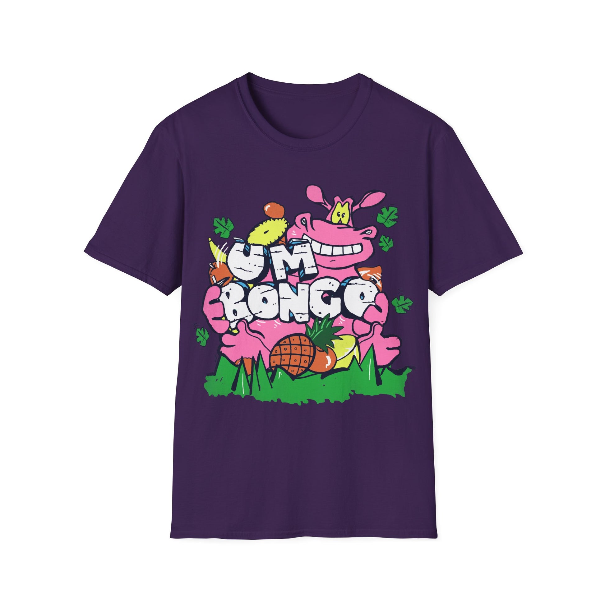 Purple short sleeve official Um Bongo hippo T-shirt colourful 80s tropical juice drink with cartoon hippo and Um bongo logo