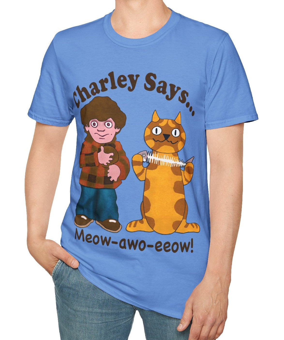 Person wearing a blue t-shirt with Charley Says Meow design.