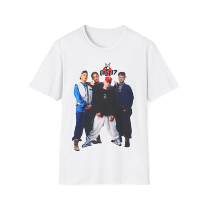 White t-shirt with a graphic of four people and a logo on a white background