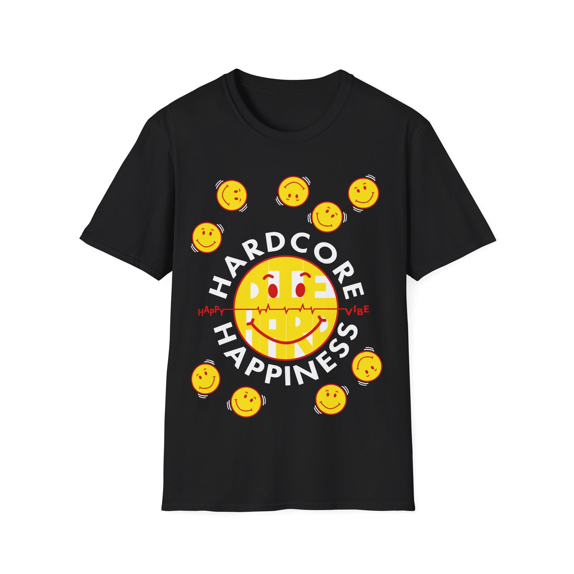 Black t-shirt with a smiley face graphic and Hardcore Happiness text on a white background