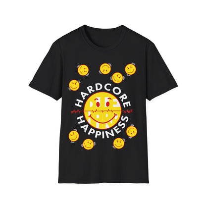 Black t-shirt with a smiley face graphic and Hardcore Happiness text on a white background