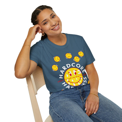 Person wearing a blue t-shirt with a smiley face graphic and Hardcore Happiness text on a white background