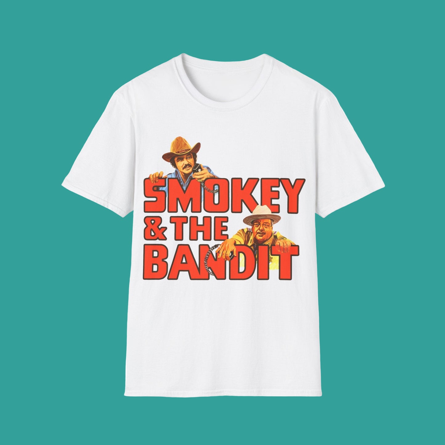 White t-shirt with 'Smokey & The Bandit' graphic design on a white background