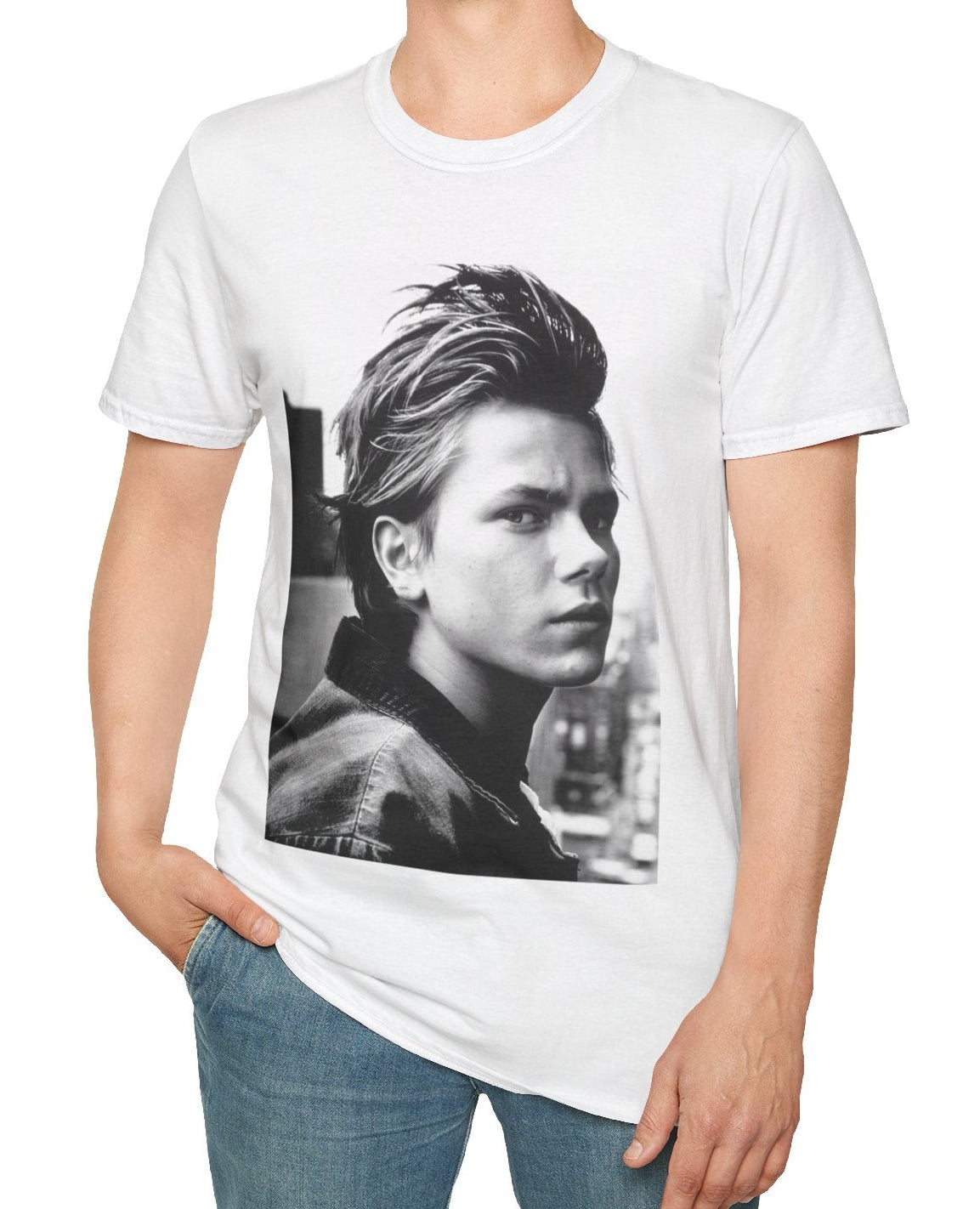 Person wearing a White t-shirt with graphic portrait of a young River Phoenix in Black and white