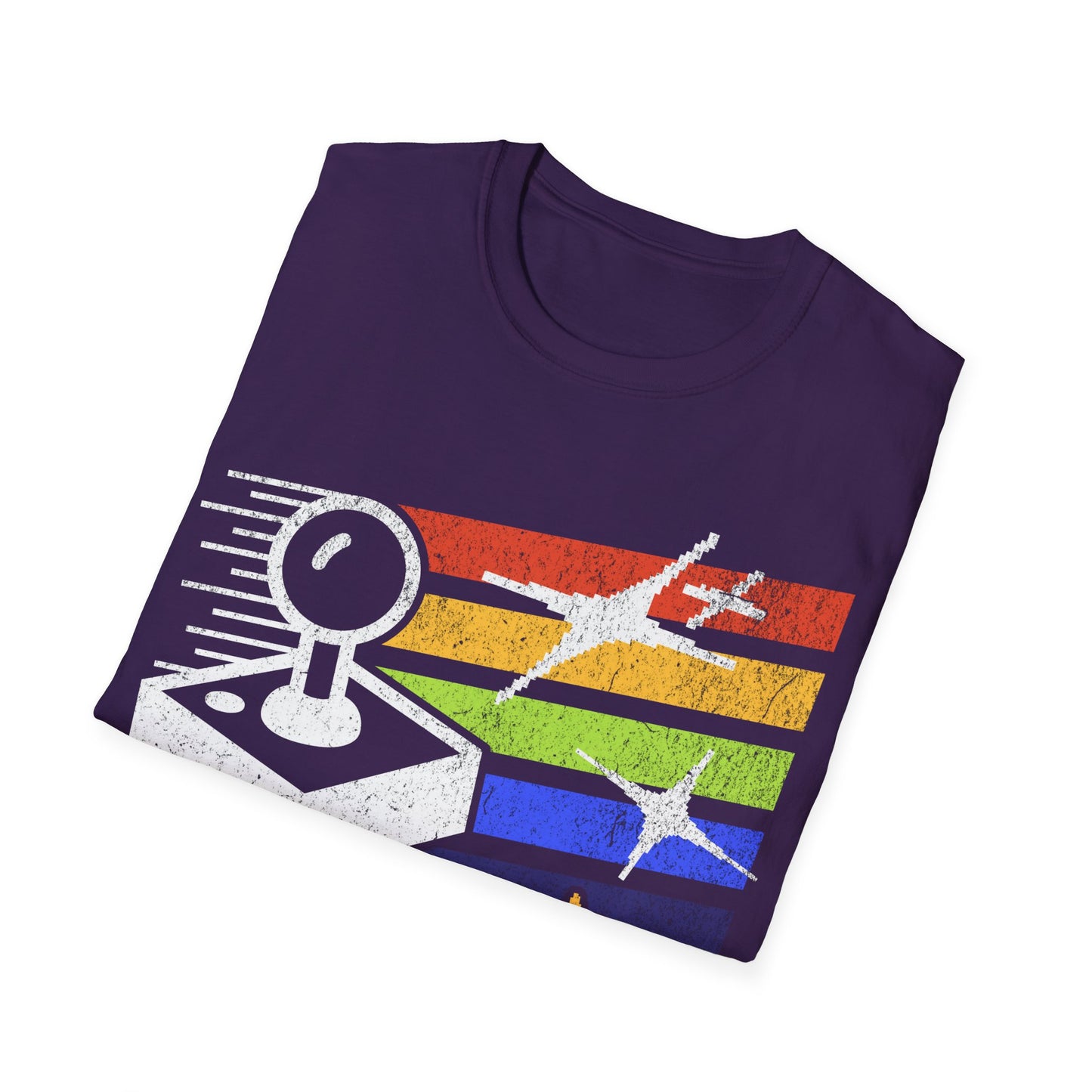 Folded purple t-shirt with colorful graphic design on a white background