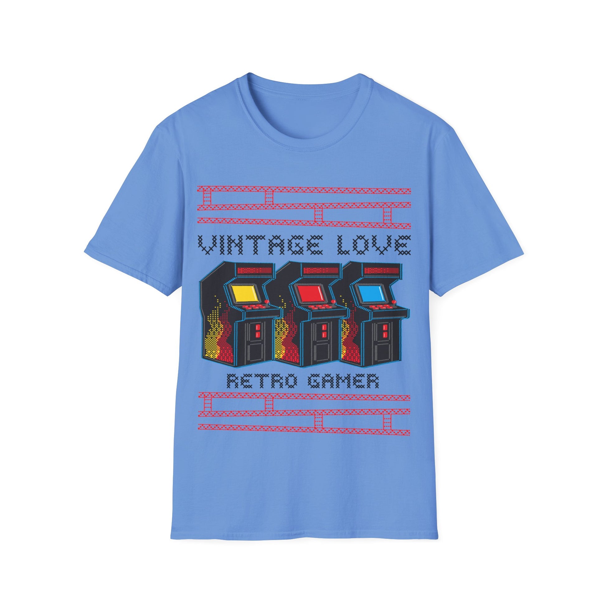 Blue t-shirt with retro arcade game design and Vintage Love Retro Gamer text on a white background
