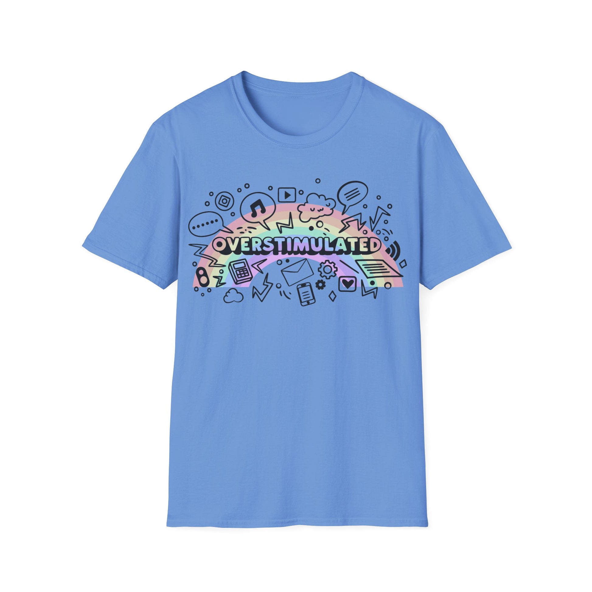 Blue t-shirt with colorful 'OVERSTIMULATED' graphic design on a white background