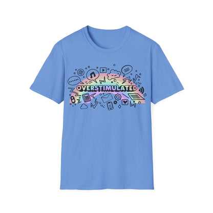 Blue t-shirt with colorful 'OVERSTIMULATED' graphic design on a white background