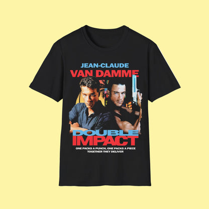 Black t-shirt with Jean-Claude Van Damme graphic and 'Double Impact' Movie text 