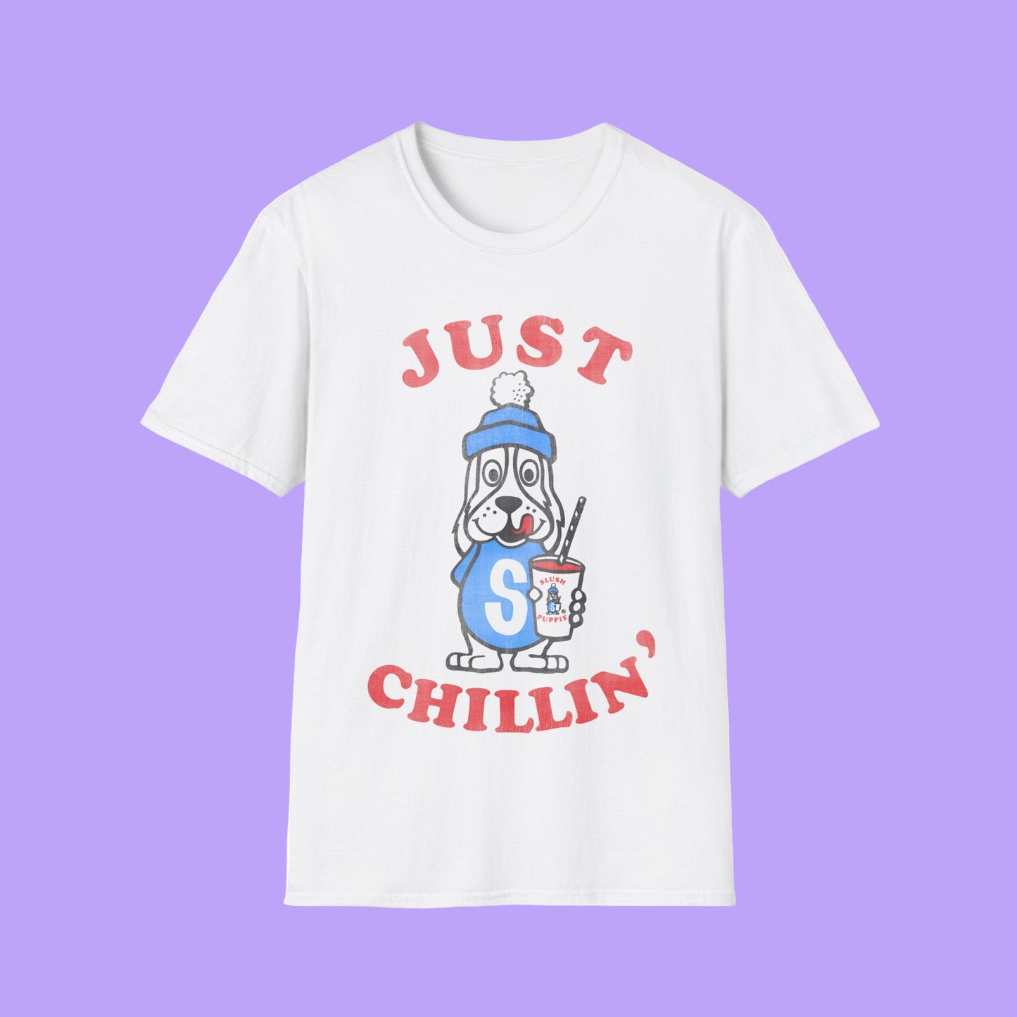 White t-shirt with cartoon dog and 'Just Chillin'' text on a white background