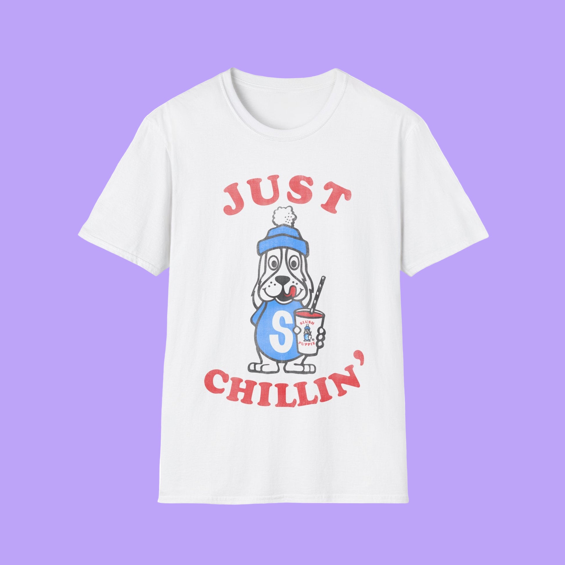 White t-shirt with cartoon dog and 'Just Chillin'' text on a white background