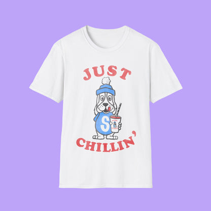 White t-shirt with cartoon dog and 'Just Chillin'' text on a white background