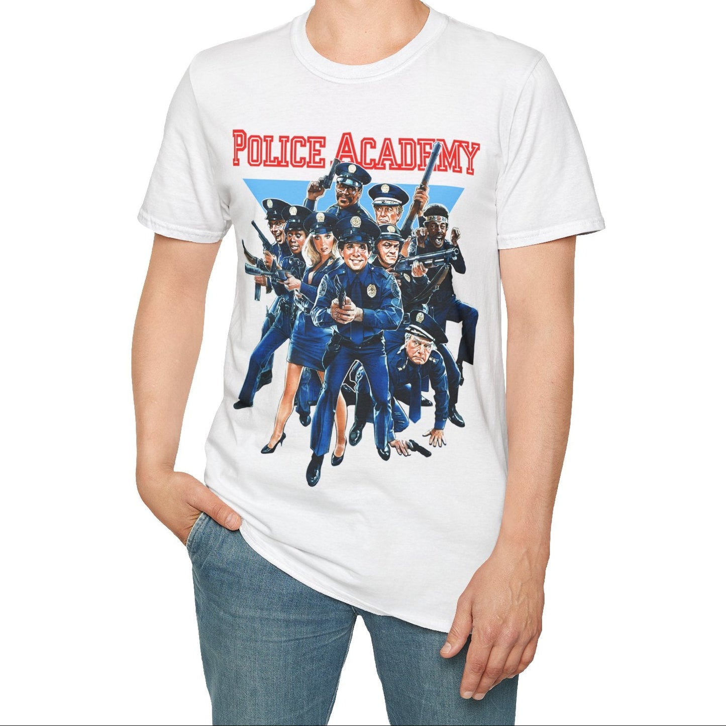 Person wearing a 'Police Academy' t-shirt with a graphic design on a white background