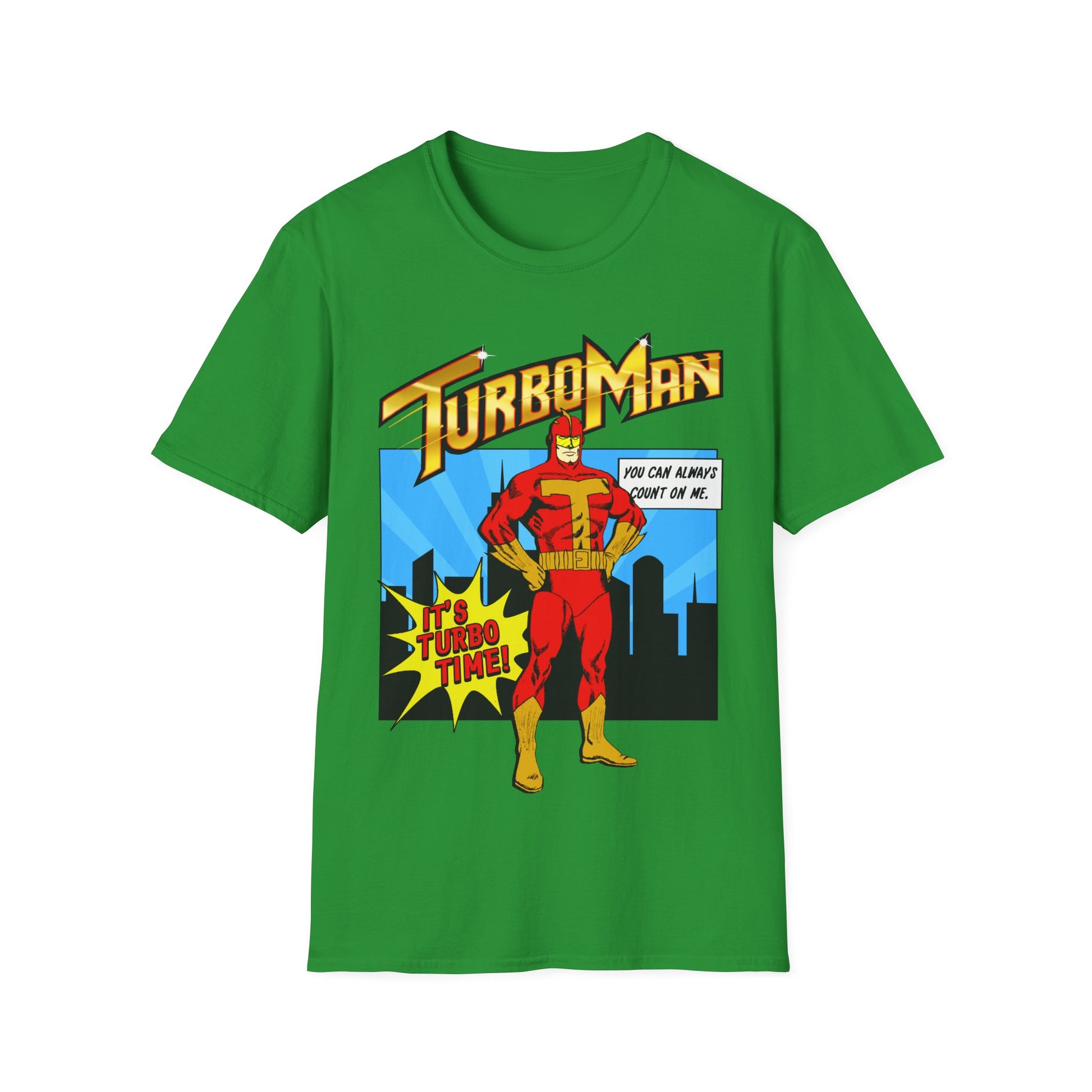 Green short sleeve t-shirt with TurboMan graphic design Christmas Jingle All The Way movie inspired top