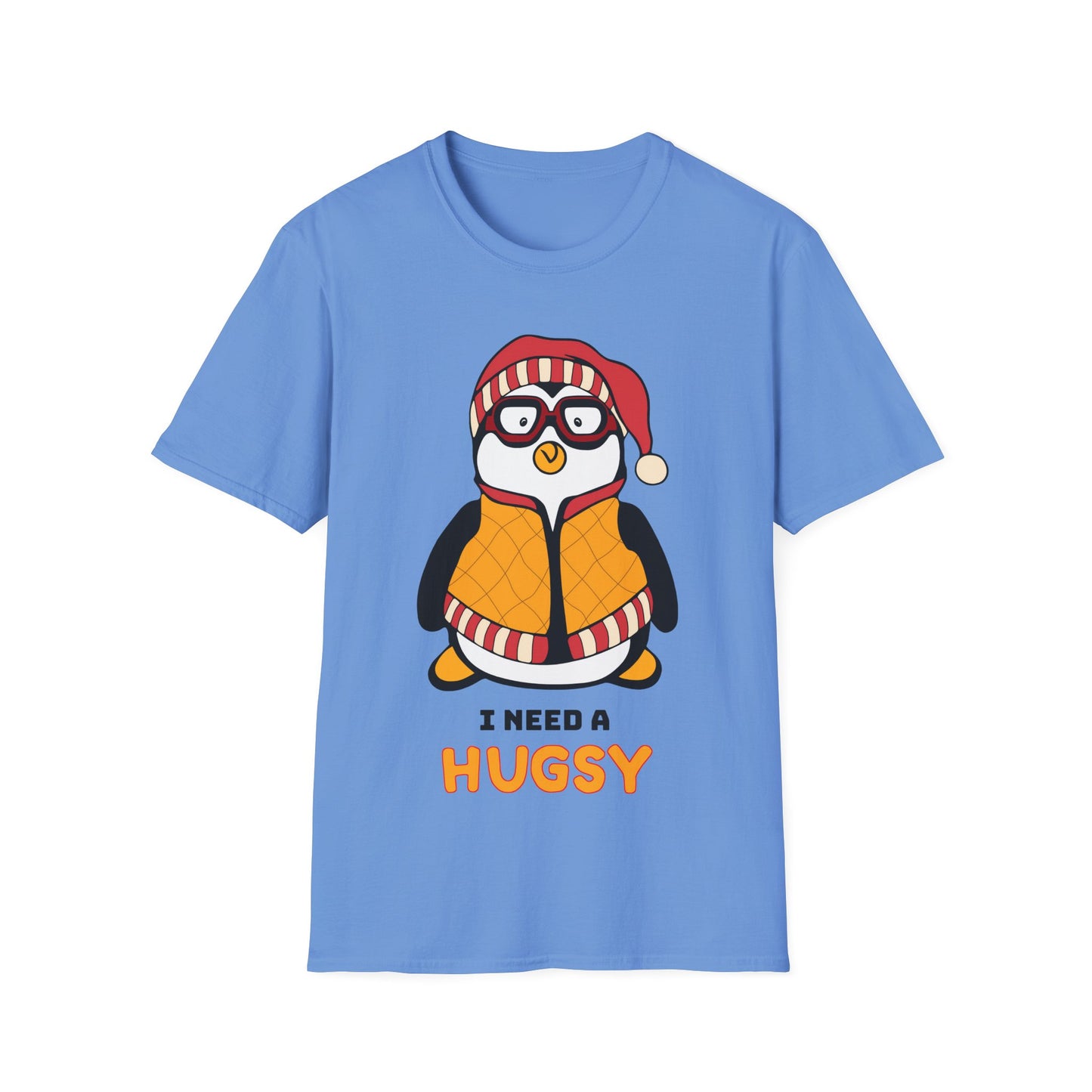 Blue t-shirt with a penguin graphic and I Need A Hugsy text